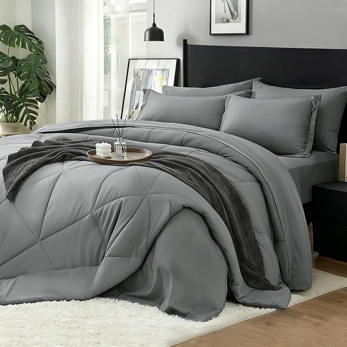 BEDELITE Twin Comforter Set 5 Pieces, Solid Dark Grey Bed in A Bag | Soft All Season Down-Alternative Comforter, Sheets, Pillowcases & Shams, OEKO-TEX Certified Bedding for Bedrrom, Guest Room