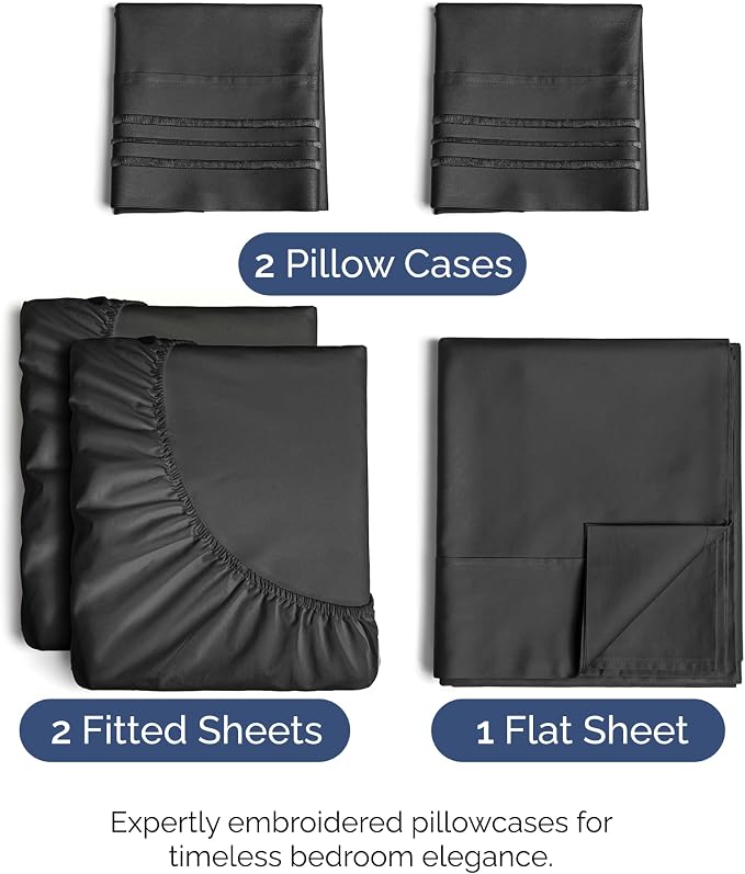 Split King Size 5 Piece Sheet Set - Breathable & Cooling Sheets - Black | Hotel Luxury Bed Sheets for Women & Men, Deep Pockets, Easy-Fit, Comfy, Soft and Wrinkle Free Sheets, Oeko-Tex Bed Sheet Set