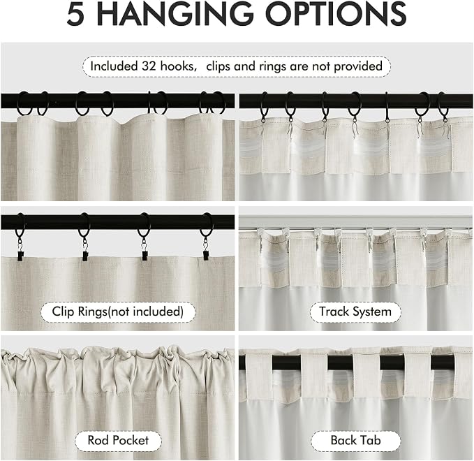 MIULEE 100% Blackout Back Tab Pleat Linen Curtains 50" Wx96 L,Ivory | 2 Panels,Thick Faux Linen,Floor to Ceiling,with Hooks,for Bedroom Living Room,Black Out,Room Darkening