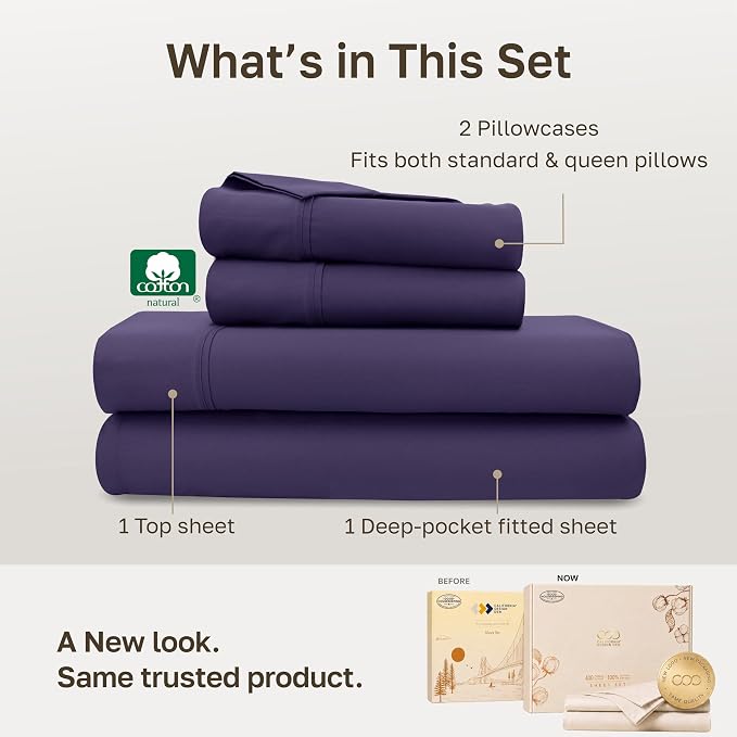 California Design Den Soft 100% Cotton Sateen Bed Sheets Queen Size Set | 400 Thread Count Backed by Good Housekeeping Seal, 16" Deep Pocket, All-Around Elastic, Durable, Easy Care - Purple