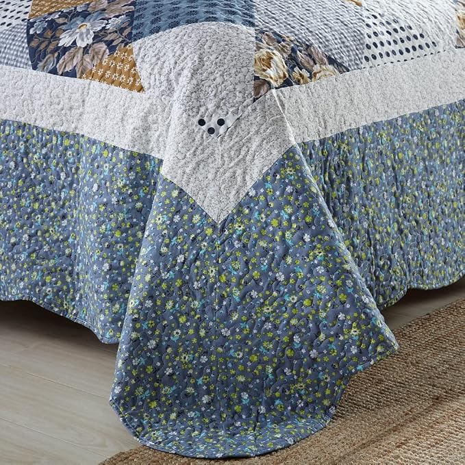 Quilt Bedspread Sets-Checkered Floral Reversible Coverlet Set,Queen Size