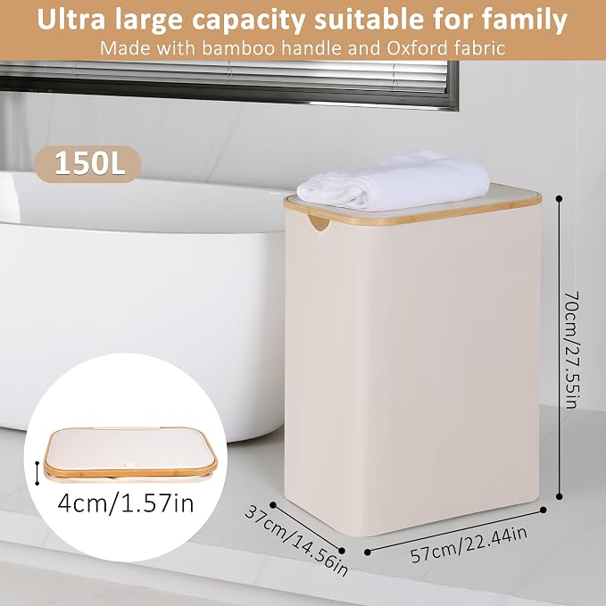IEGrow Laundry Hamper with Lid,150L Laundry Basket with 2 Mesh Bags,Beige | Dirty Clothes Hamper Basket with Bamboo Handle for Clothes Towels