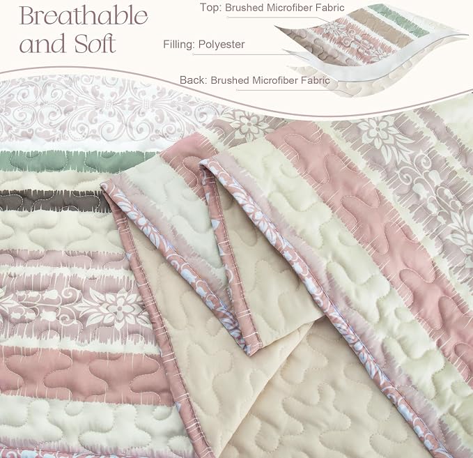 Exclusivo Mezcla Reversible Boho Quilts Queen Size Pink | Lightweight Soft Bedspreads, All Season Striped Coverlet Bedding Set, Printed Floral Pattern, 1 Quilt and 2 Pillow Shams