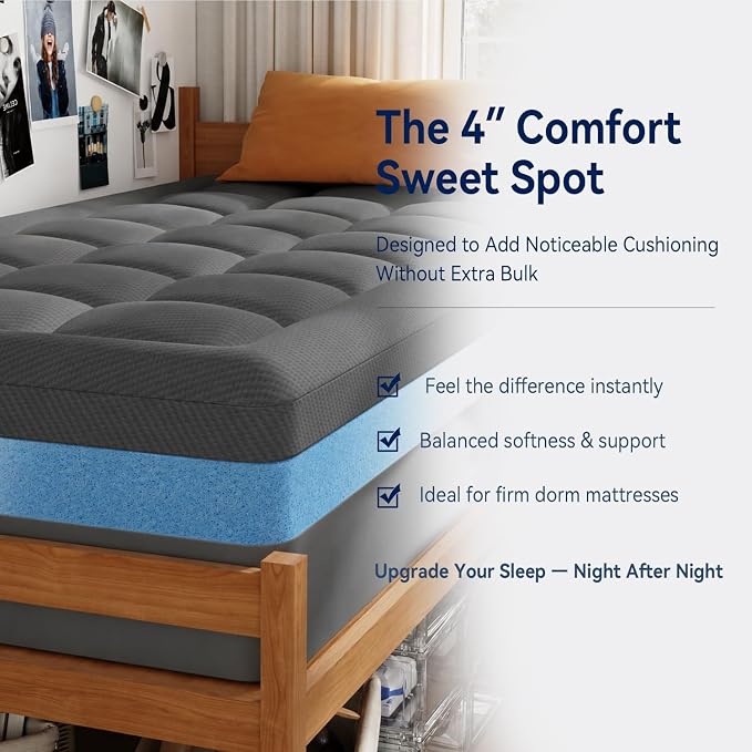 ELEMUSE Twin XL College Dorm Essentials 3 Inch Memory Foam Mattress Topper | Dual Layer Design, 2 Inch Cooling Gel Foam and 1 Inch Soft Pillow Top Bed Pad, Back to School, Comfortable Support