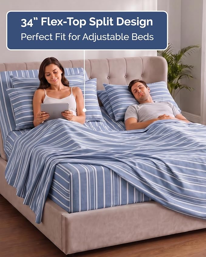 Extra Deep Flex Top Split Head King Sheet Set - 6 Piece Breathable and Cooling Sheets - Hotel Luxury Bedding for Women, Men, Kids & Teens - Easy Secure Fit - Extra Deep Pockets - Blue Stripes 3