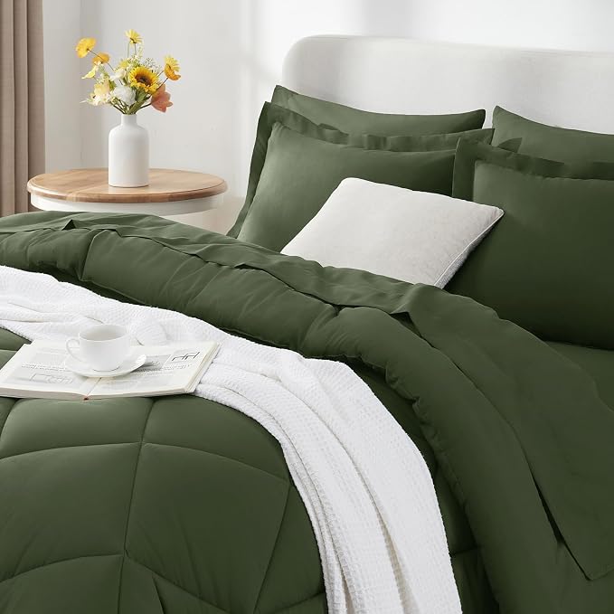 Full Size Comforter Sets Olive Green - 7 Pieces Bed in a Bag | OEKO-TEX Certified, All Season, 240GSM Down-Alternative Comforter, Sheets, Pillowcases & Shams, 14" Deep Pocket, Easy Care