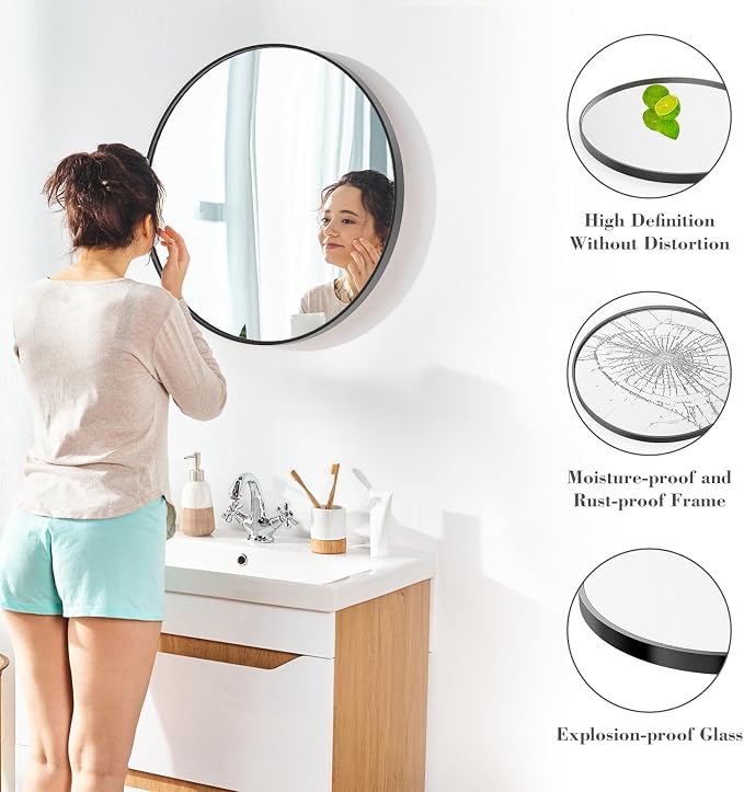 Sweetcrispy 30 in Round Bathroom Wall Mirror, Vanity Mirrors for Over Sink | Matte Metal Frame, Mirros for Entryway, Bedroom, Home Decor, Hang Mounted Frame, Black