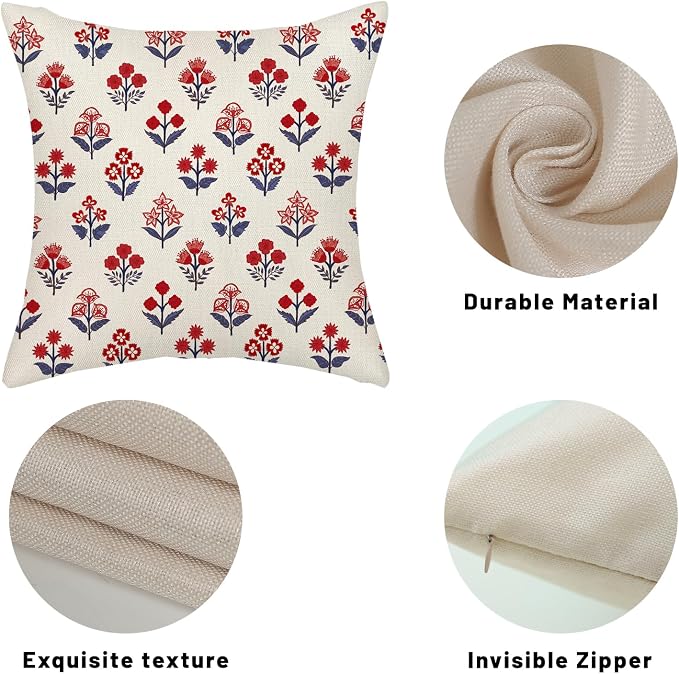 4th of July Pillow Covers 22x22 Inch 2 Pcs Red Blue Block Print Vintage Floral Patriotic Outdoor Decor Throw Pillows Memorial Day Holiday Decoration Pillowcase Linen Cushion Cover for Couch