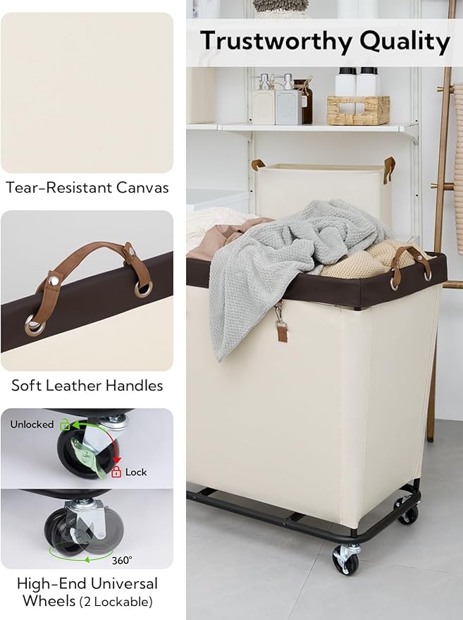StorageWorks 320L Laundry Basket with Wheels, Rolling Hampers for Clothing | Extra Large Beige Laundry Basket with Wheels, Metal Frame & Handles, Hamper for Bedroom, Bathroom, Hotel