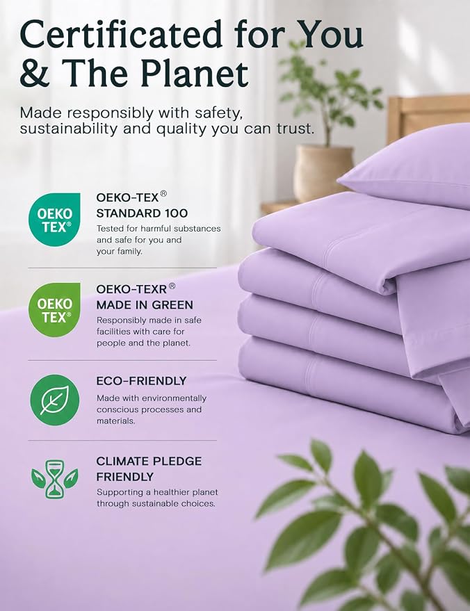LuxClub 4 PC King Sheet Set, Deep Pockets Wrinkle Free Cooling Bed Sheets Hotel Bedding for Women, Men, Includes 1 Fitted Sheet, 1 Flat Sheet and 2 Pillowcases-Soft Lavender | LuxClub Silky Fitted Sheet & Pillowcase Sets, Breathable Hotel Luxury Beddin...