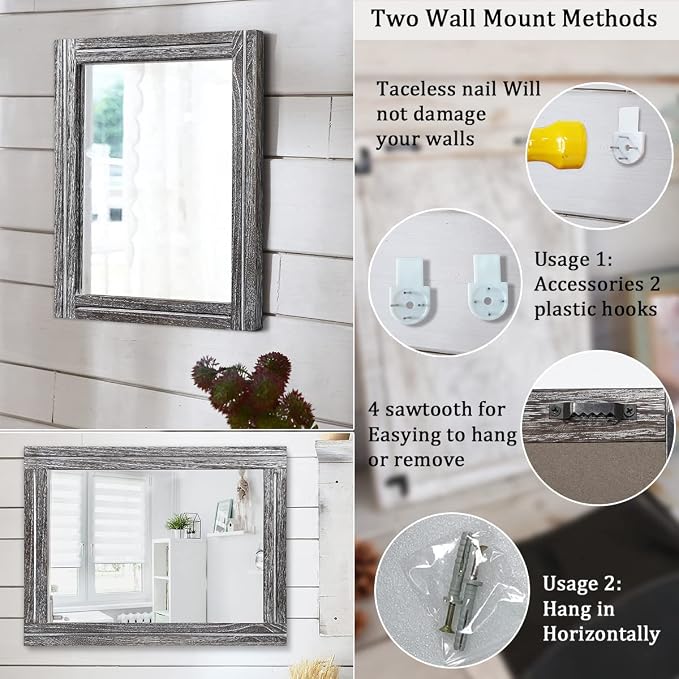 AAZZKANG Rustic Mirror Wood Framed Wall Mirrors Large 20"x16" Rectangle | Decorative for Bedroom Bathroom Farmhouse Living Room Home Entryway