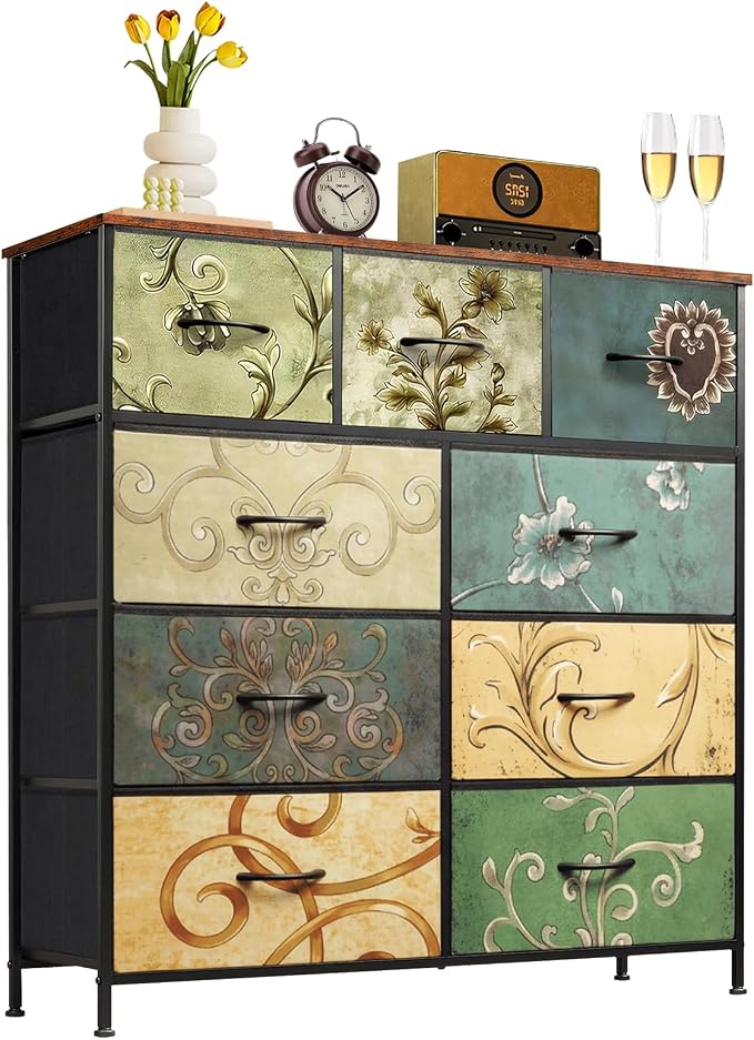 9-Drawer Dresser for Bedroom, Anti-Tip Tall Storage Organizer | Chest of Drawers with Wooden Top and Metal Frame Fabric Bins for Closet, Living Room, Hallway, Entryway, Floral Painted