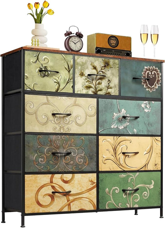 9-Drawer Dresser for Bedroom, Anti-Tip Tall Storage Organizer | Chest of Drawers with Wooden Top and Metal Frame Fabric Bins for Closet, Living Room, Hallway, Entryway, Floral Painted