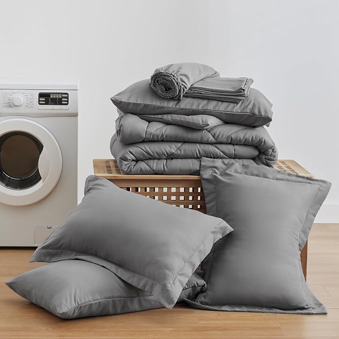Love's cabin Oversized Queen Comforter Set, 7 Pieces Bed in a Bag, All Season Bedding Sets with 1 Comforter, 1 Flat Sheet, 1 Fitted Sheet, 2 Pillowcase and 2 Pillow Sham, Dark Grey