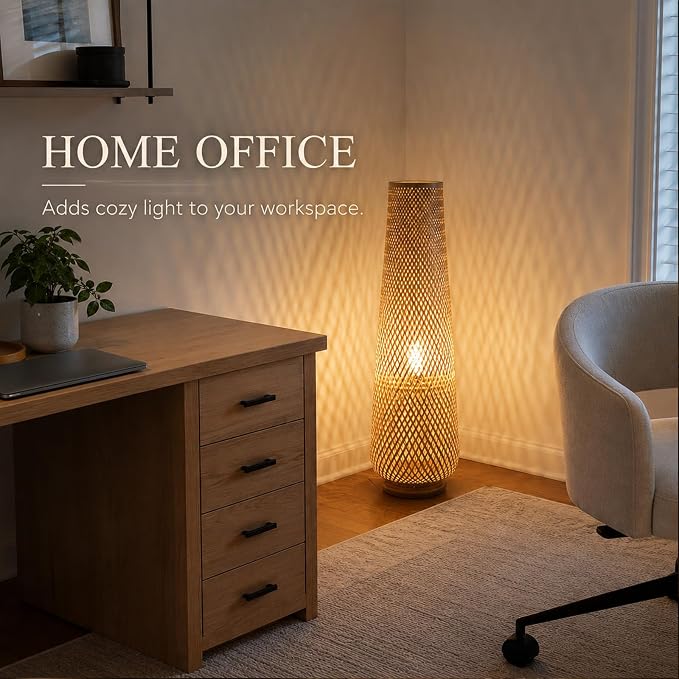 Boho Style Bamboo Woven Floor Lamp for Living Room,36 in,Cozy Decor | Handcrafted Wicker Shade,Unique Shadow Pattern,No Assembly Required,3000K Warm Ambient Lighting,Suit for Bedroom Corner