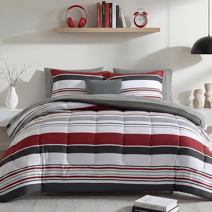 Monbix Full Size Comforter Sets - 7 Pieces Bed in a Bag Full Bedding Set | Red and Black Striped Reversible Soft All Season Comforter Bed Set with Sheets, Pillowcases & Shams