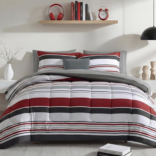 Monbix Queen Comforter Set-7 Pieces Striped Bed in a Bag Queen Bedding Sets | All Season Red and Black Reversible Soft Comforter Bed Set with Sheets, Pillowcases & Shams