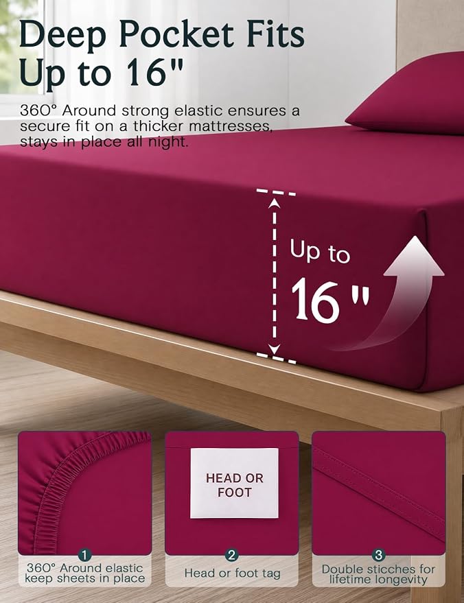 LuxClub Queen Sheet Set, Deep Pocket Bed Sheet Queen Size 4PC, Cooling Soft Bed Sheets, Breathable Hotel Luxury Bedding Wrinkle Free, Silky Fitted Sheet & Pillowcase Sets, Burgundy Red Queen | LuxClub Silky Fitted Sheet & Pillowcase Sets, Breathable Ho...
