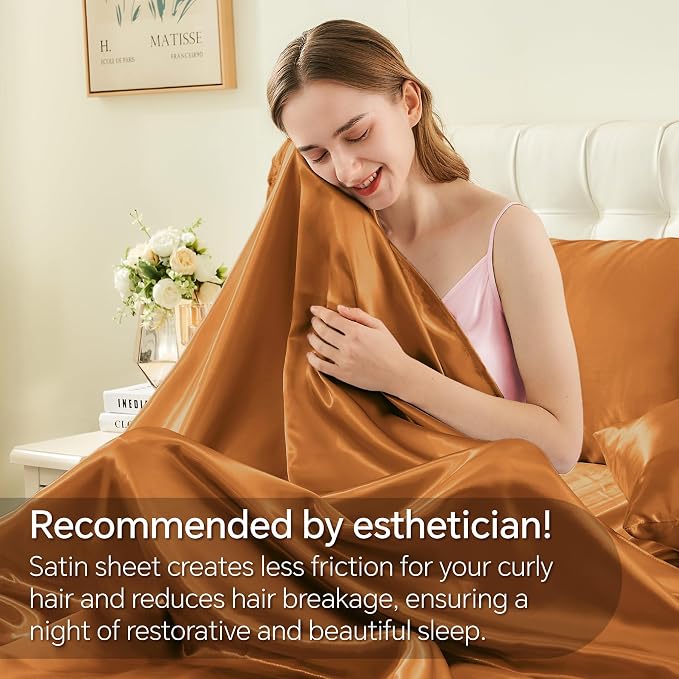 BEDELITE Satin Sheets Queen Size Bed Set, Burnt Orange, 4 Pieces | Luxury Silky Bed Sheets, 15 Inch Deep Pocket, Similar to Silk, Soft and Cooling, Reduces Friction, Gentle on Hair and Skin