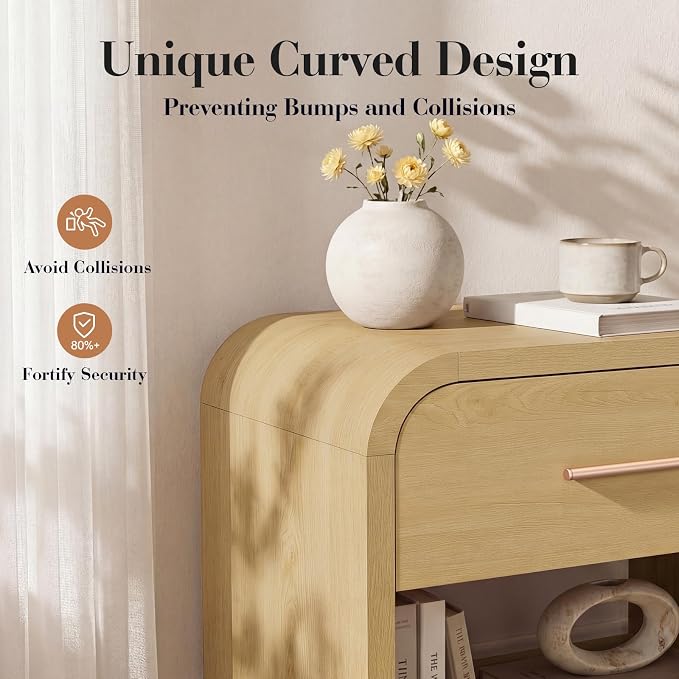 Night Stand [Unique Curved Profile] [FSC-Certified Wooden Board] 1-Drawer and 1 Storage Shelf Nightstand 24" H Metal Handle Modern Bedside Table Side Table End Table | [Curved Profile] [FSC-Certified Wooden Board] Nightstand 24" H Metal Handle Modern B...