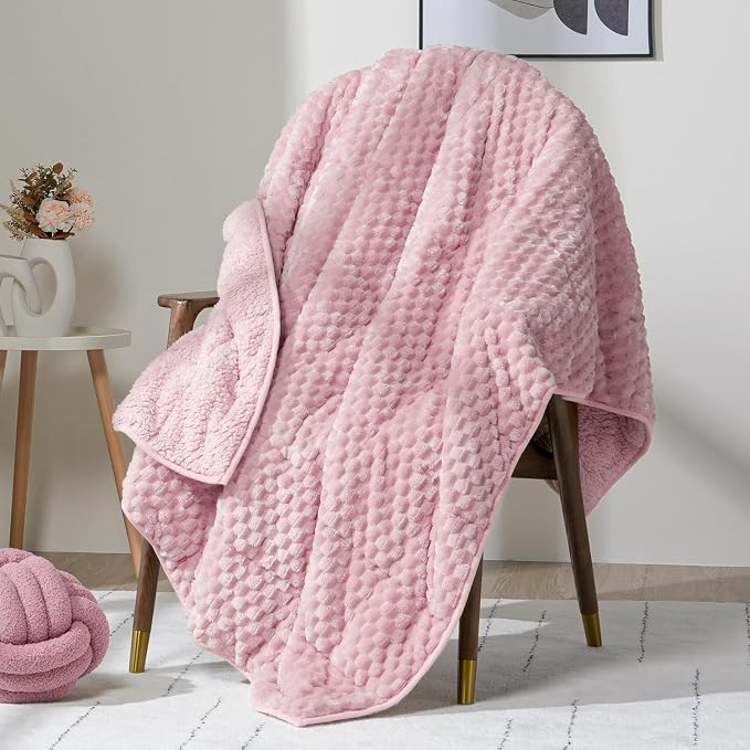 Fleece Weighted Blanket for Adults 60" x 80" 15lbs Fuzzy Blankets Pink | Soft Queen Size Sherpa Weighted Blankets, 3D Imitation Turtle Shell Warm Jacquard Flannel Heavy Blanket for Couch and Bed