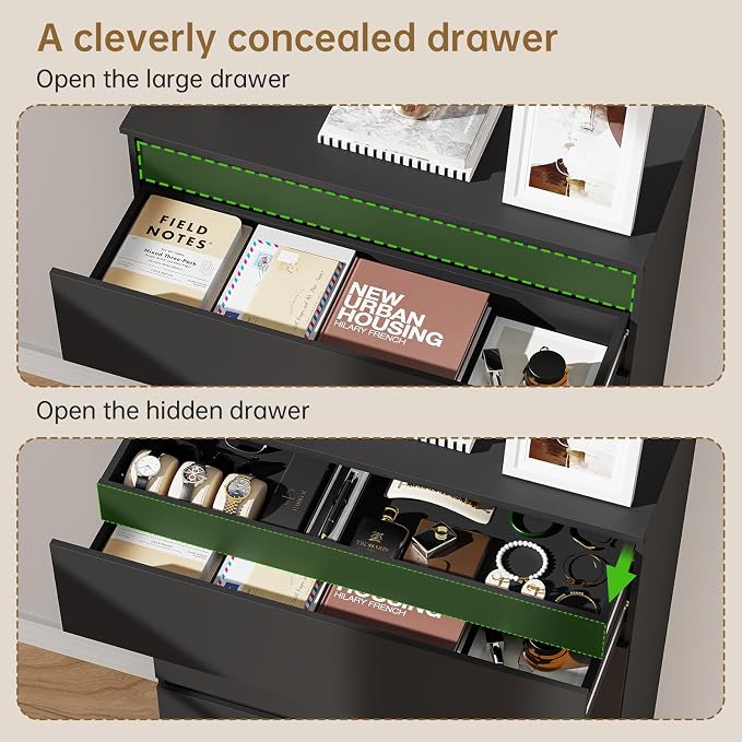 Dresser for Bedroom with 5 Drawers, 14.2" D x 31.5" W x 47.3" H, Black | Modern Chest of Drawers with Hidden Drawer,Wood Storage Dresser, Storage Organizer for Living Room, Closet, Hallway