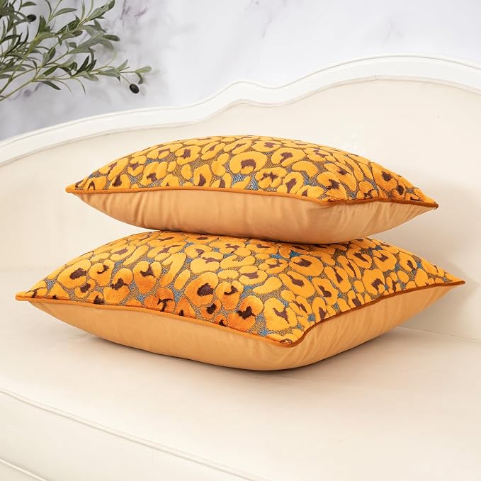 Alerfa Orange Floral Throw Pillow Cover 20 x 20 Inch Cut Velvet Sqaure Luxury Decorative Pillow Cover for Couch Living Room Bedroom