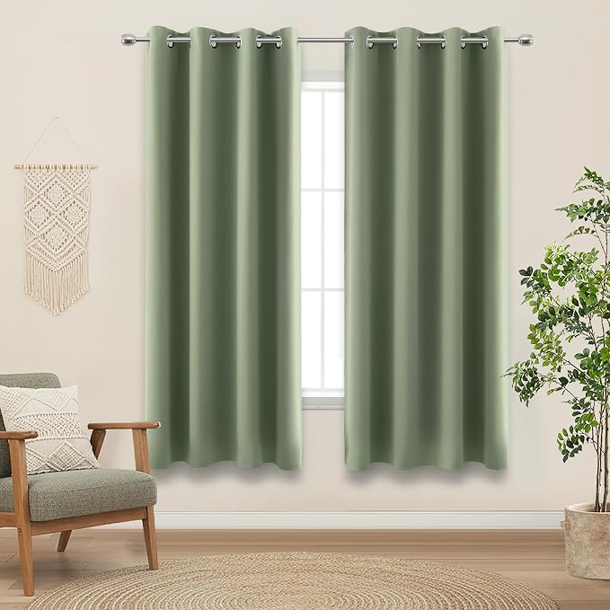 KOUFALL Blackout Curtains 63 Inch Long for Bedroom,Cute Boho Light Green Sage Black Out Room Darkening Thermal Curtain Drapes for Living Room 2 Panels Set Summer Insulated