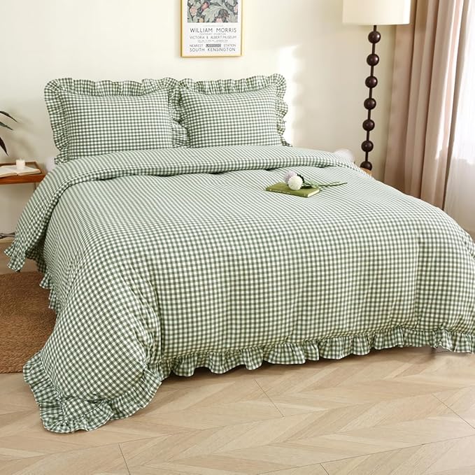 Silnuo Sage Green/White Gingham Plaid Ruffle Duvet Cover King Size | 100% Washed Cotton 3 Pcs Vintage Checkered Chic Farmhouse Bedding Set Comforter Cover Set (King,Sage Green/White)