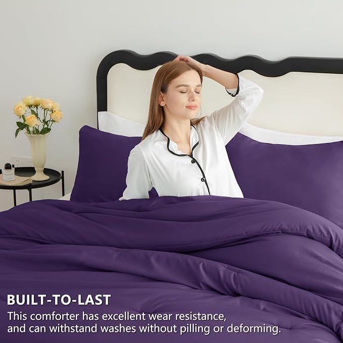 Full Comforter Set, 3 Pieces Down Alternative Bedding, Purple | 270 GSM All Season Comforter with 4 Corner Ties for Use as a Duvet Insert, OEKO-TEX Certified, 2 Pillowcases, 82 x 86 in