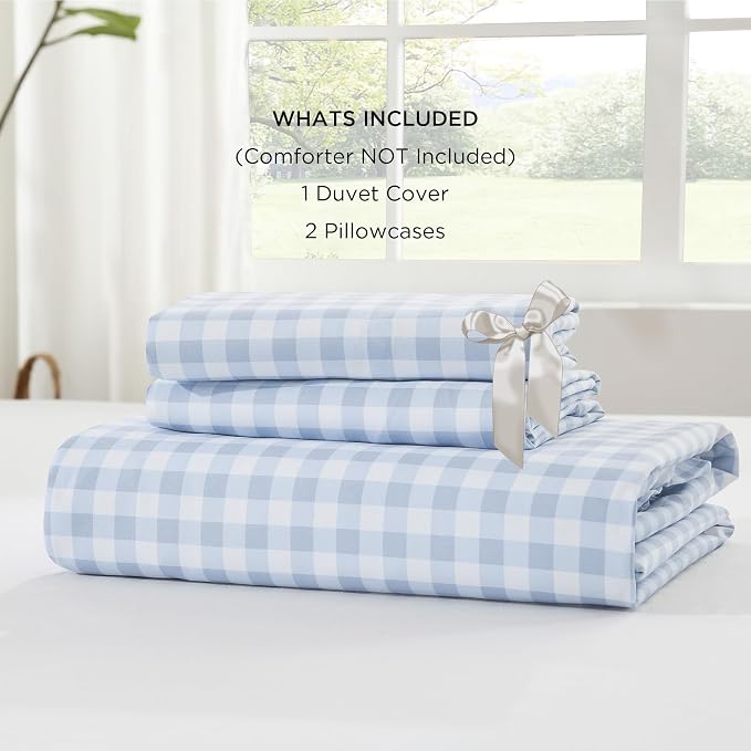 Andency Blue Gingham Duvet Cover King, Ruffle Shabby Chic Bedding Set 3 Pcs | Farmhouse Soft Pre-Washed Polyester Comforter Cover with Zipper Closure & Corner Ties, 104x90Inch