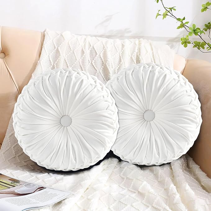 HIG Set of 2 Off White Velvet Decorative Round Pleated Throw Pillows | Vintage Floor Pillows, Classy Accent Pumpkin with Center Button, for Sofa Couch Vanity Chair Bed, 14.5" Diameter