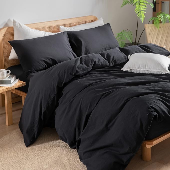 BESTOUCH Cotton Solid Duvet Cover Set Linen Feel Deep Black Oversized King | 100% Washed Cotton, Soft Wrinkle Texture, Hidden Zipper, 8 Ties, Breathable Lightweight Durable Comfy, 3 Pcs No Insert