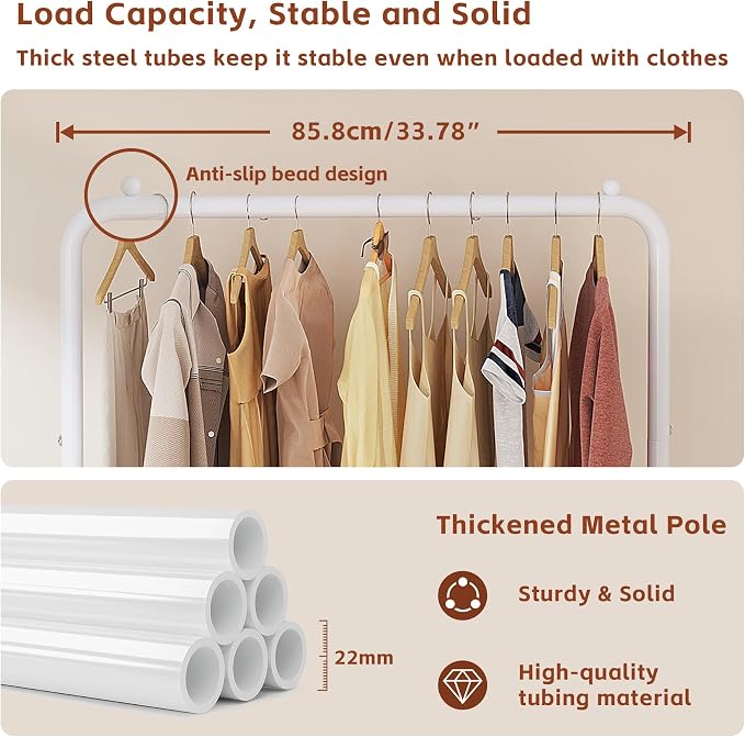 JIUYOTREE Garment Rack Clothing Clothes Rack for Clothes Organizing White | Standard Metal 34 Inches Garment Rack with Bottom Shelf for Hanging Clothes Coats Jackets Shirts Sweaters Jeans White