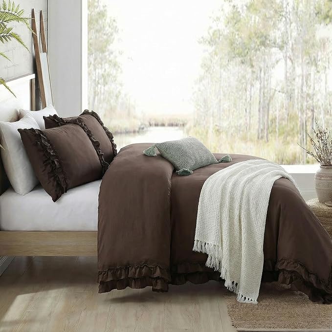 Dark Brown Duvet Cover Set Elegant Ruffled Bedding King Shabby Chic Lace Ruffle Boho Bedroom Decor Vintage Boho Style Chocolate Duvet Cover with Pillowcases