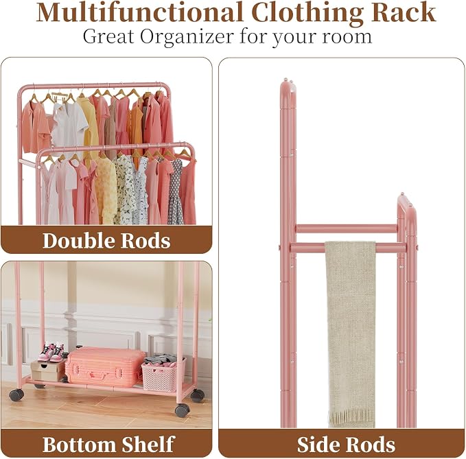 Simple Trending Clothing Clothes Rack, Double Rod Garment Rack, Pink | Portable Closet with Bottom Shelf, Anti-Slip Stoppers, 360° Lockable Wheels, Multiple Uses, Bedroom, Laundry Room