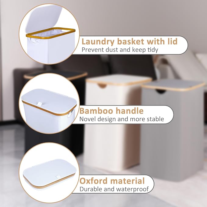 IEGrow Laundry Hamper with Lid,60L Laundry Basket with Mesh Bags,White | Dirty Clothes Hamper Basket with Bamboo Handle for Clothes Towels