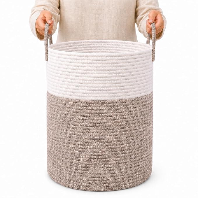 OrganiHaus Tall Cotton Rope Laundry Basket & Hamper, Blanket Storage 52L | Brown / Off-White - Tall Cotton Rope Hamper, 52L