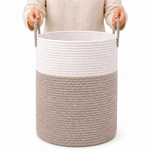 OrganiHaus Tall Cotton Rope Laundry Basket & Hamper, Blanket Storage 52L | Brown / Off-White - Tall Cotton Rope Hamper, 52L