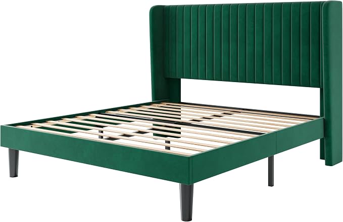 SHA CERLIN Full Size Velvet Bed Frame, Tufted Wingback Headboard, Green | 47'' Modern Vertical Channel Headboard, Upholstered Platform Bed, Wood Slats, No Box Spring Needed, Easy Assembly, Noise Free