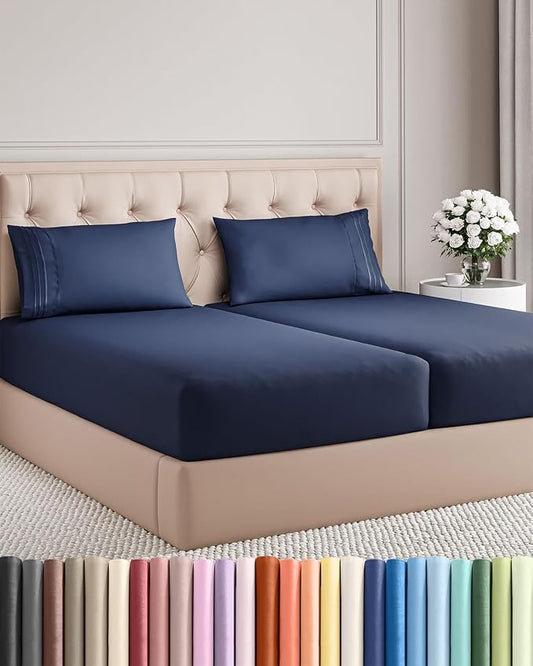 Split King Size 5 Piece Sheet Set - Breathable & Cooling Sheets - Navy Blue | Hotel Luxury Bed Sheets for Women & Men, Deep Pockets, Easy-Fit, Comfy, Soft and Wrinkle Free Sheets, Oeko-Tex Bed Sheet Set
