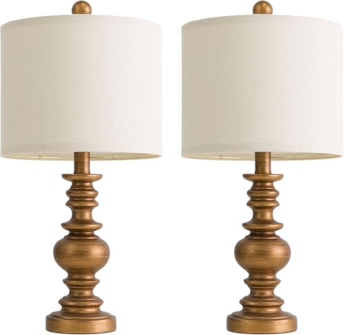 BOBOMOMO 20" Antique Gold Table Lamps Set of 2 – Handcrafted Vintage Bedside Lamps with Linen Shades, Elegant Farmhouse Lamps for Bedroom, Living Room, or Entryway – Perfect for Compact Spaces