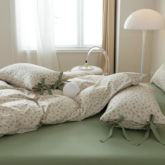 mixinni Country Style Duvet Cover Queen Size - Cottagecore Green Floral Vintage Bedding 3PC with Bow Ties Pillowcases, 100% Cotton Soft Aesthetic Boho Comforter Cover for Girls-Queen Size