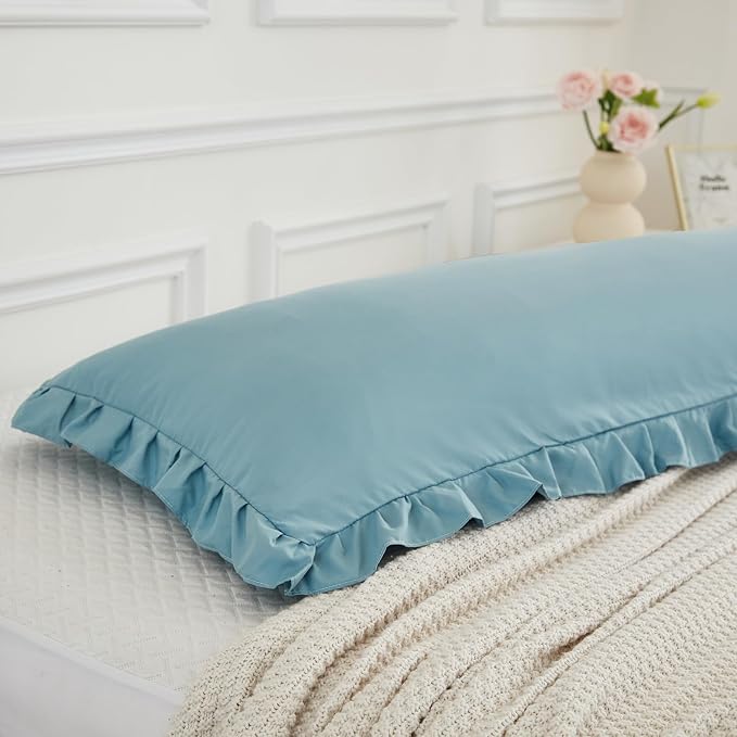 Dusty Blue Body Pillow Cover 20x54inches Long Pillowcase Ruffled Fringe Decor Sham Cute Pillowcase (1 Body)