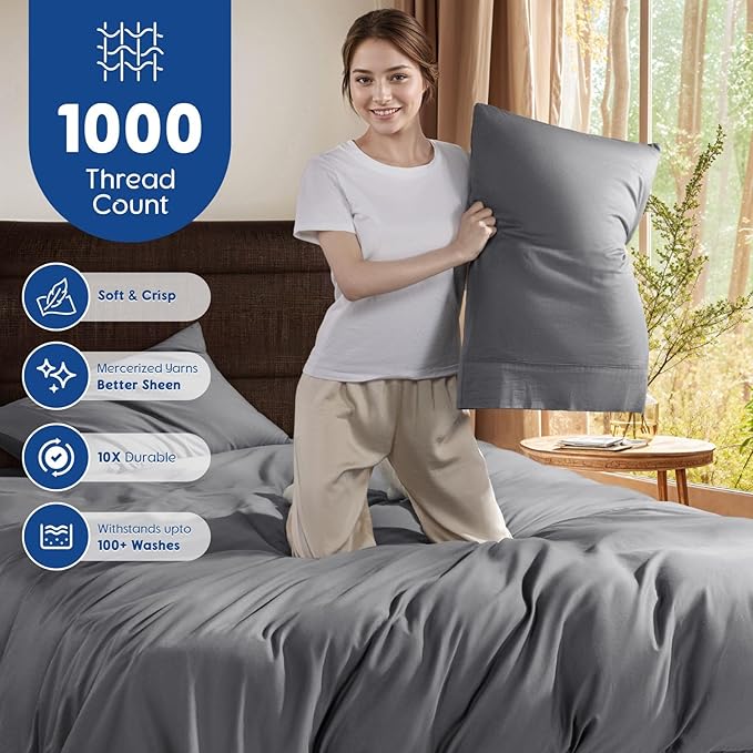 SONORO KATE 1000 Series 100% Egyptian Cotton Queen Duvet Cover Set,3PC | Long Staple Cotton,Sateen Weave,Soft,Breathable,Luxury Hotel Bedding,All-Season,Hidden Zipper Closure,Dark Grey
