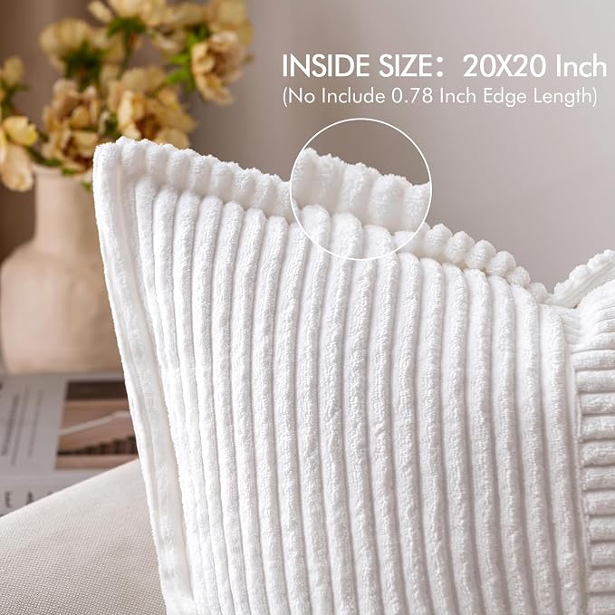 MIULEE Decorative Throw Pillow Covers for Couch 20x20 Inch White 2 Pack | Boho Broadside Striped Patchwork Pillow Covers, Soft Corduroy Cushion Cases, For Sofa Bed Livingroom Home Decor
