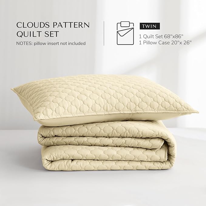 HORIMOTE HOME Quilt Twin Size Light Yellow, Lightweight Quilt for Summer Ultra-Soft Microfiber Modern Style Quilted Clouds Pattern Bedspread Quit Set 2 Pieces (1 Quilt and 1 Pillow Sham)
