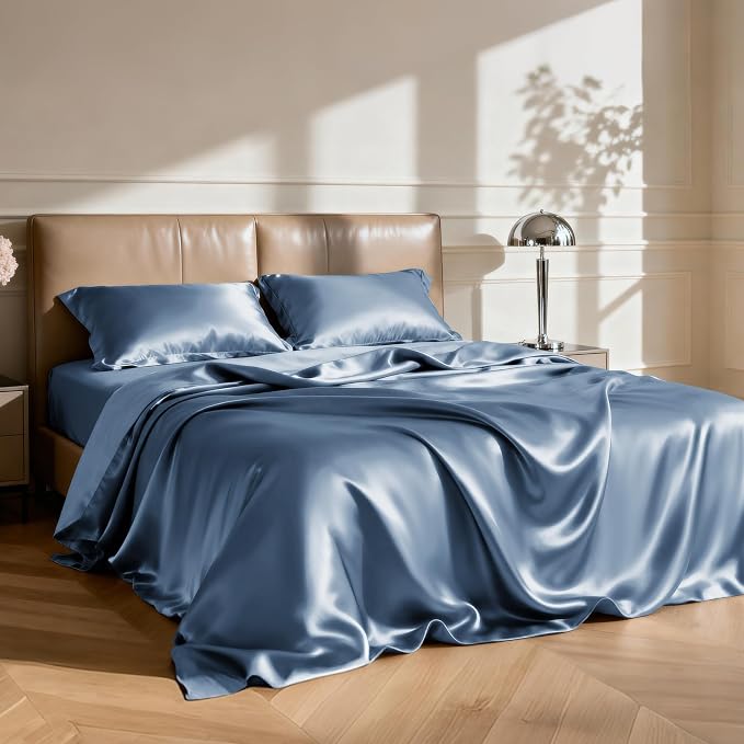 Love's cabin Twin Satin Sheets Sets - 3 Piece Ash Blue Silky Bed Sheets with Deep Pockets, Luxury Silk Feel Satin Twin Size Sheet Set Bedding Set (1 Flat Sheet,1 Fitted Sheet,1 Pillow case)