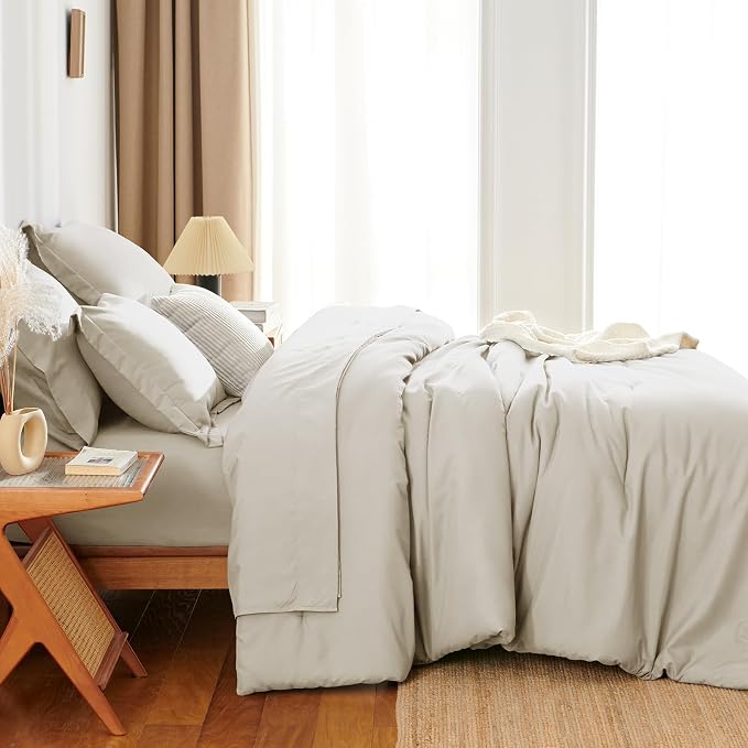 HIMEET King Comforter Set, 7-Piece Point-Quilted Bed in a Bag, Beige | OEKO-TEX Certified, Lightweight 240 GSM Comforter, Flat Sheet, 14-Inch Deep-Pocket Fitted Sheet, Pillowcases & Shams