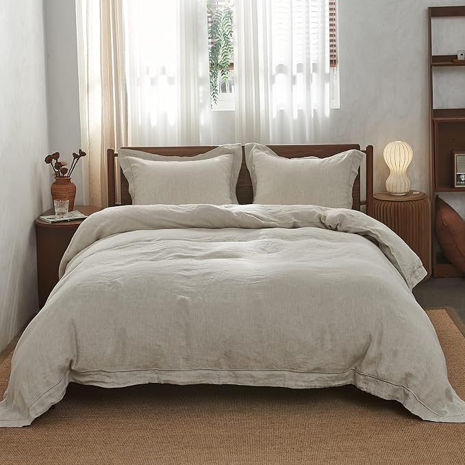 Simple&Opulence 100% Linen Duvet Cover Set with Embroidery Border Washed - 3 Pieces (1 Duvet Cover with 2 Pillow Shams) with Button Closure Soft Breathable Farmhouse - Linen, Full Size